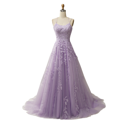 A-Linie Lila Spaghetti-Träger Lange Ballkleid mit Applikationen