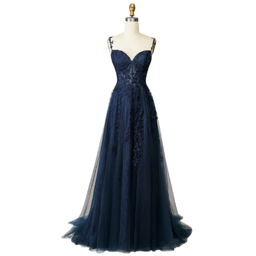 A Line Spaghetti Straps Navy Prom Dress with Appliques