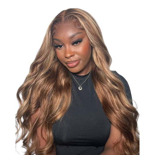 Arabella 13x4 Frontal Lace Honigblonde Strähnchen auf Braun Perücke Körperwelle Perücke unsichtbare Knoten realistische Haarlinie