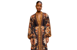 Schwarzes Majestic Garden Maxi Kleid mit Puffärmeln und Knöpfen