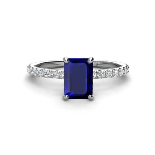 Charlotte Desire 1.17 ct Emerald-Cut naturligen Blauen Saphir & Runden lab-grown Diamanten Engagement Ring mit verstecktem Halo