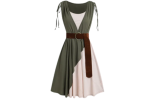 Farbblockierte Cinched Schulter O-Ring Gürtel Falsche Twinset Kleid Hoch tailliertes ärmelloses A-Linien Freizeit 2 In 1 Kleid