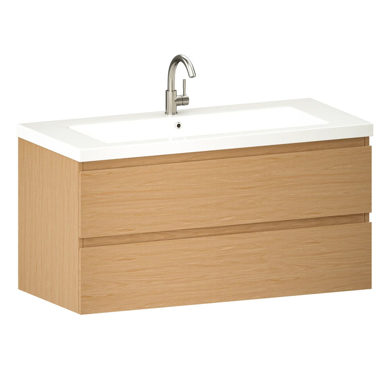 Badezimmermöbel Sena – 100 cm – Helleiche – Weißes Waschbecken