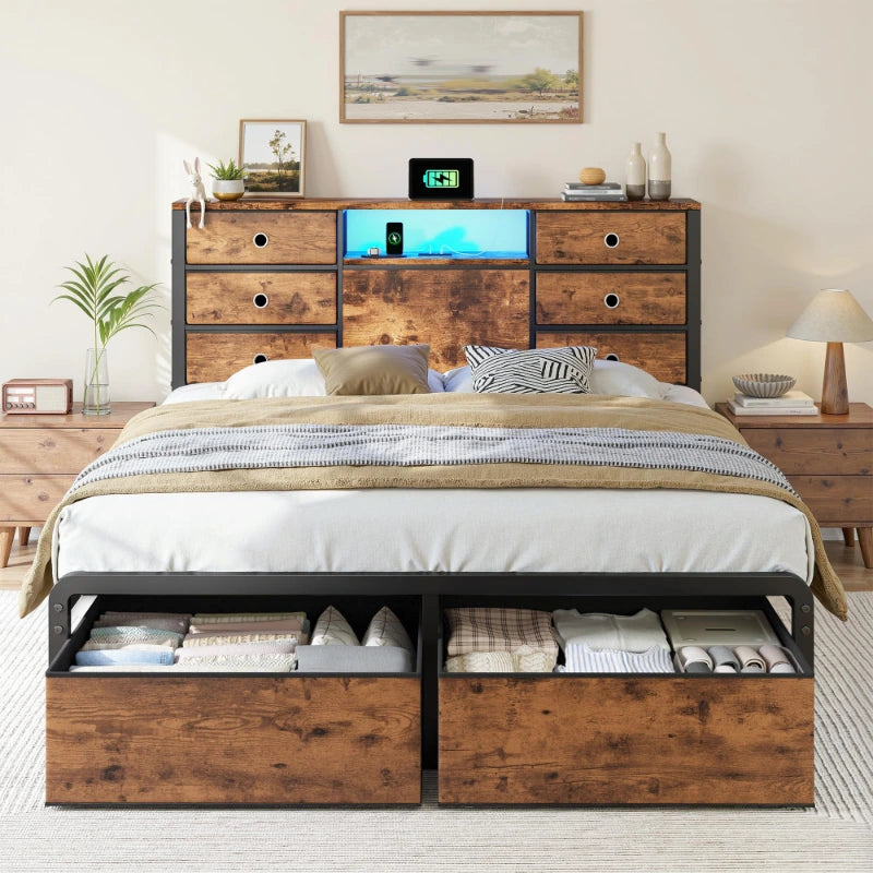 Snhomee Bed Frame with 8 Storage Drawers and Charging Station, Metal Platform Bed Frame with LED Lights and Headboard Storage, No Noise, Easy Assembly