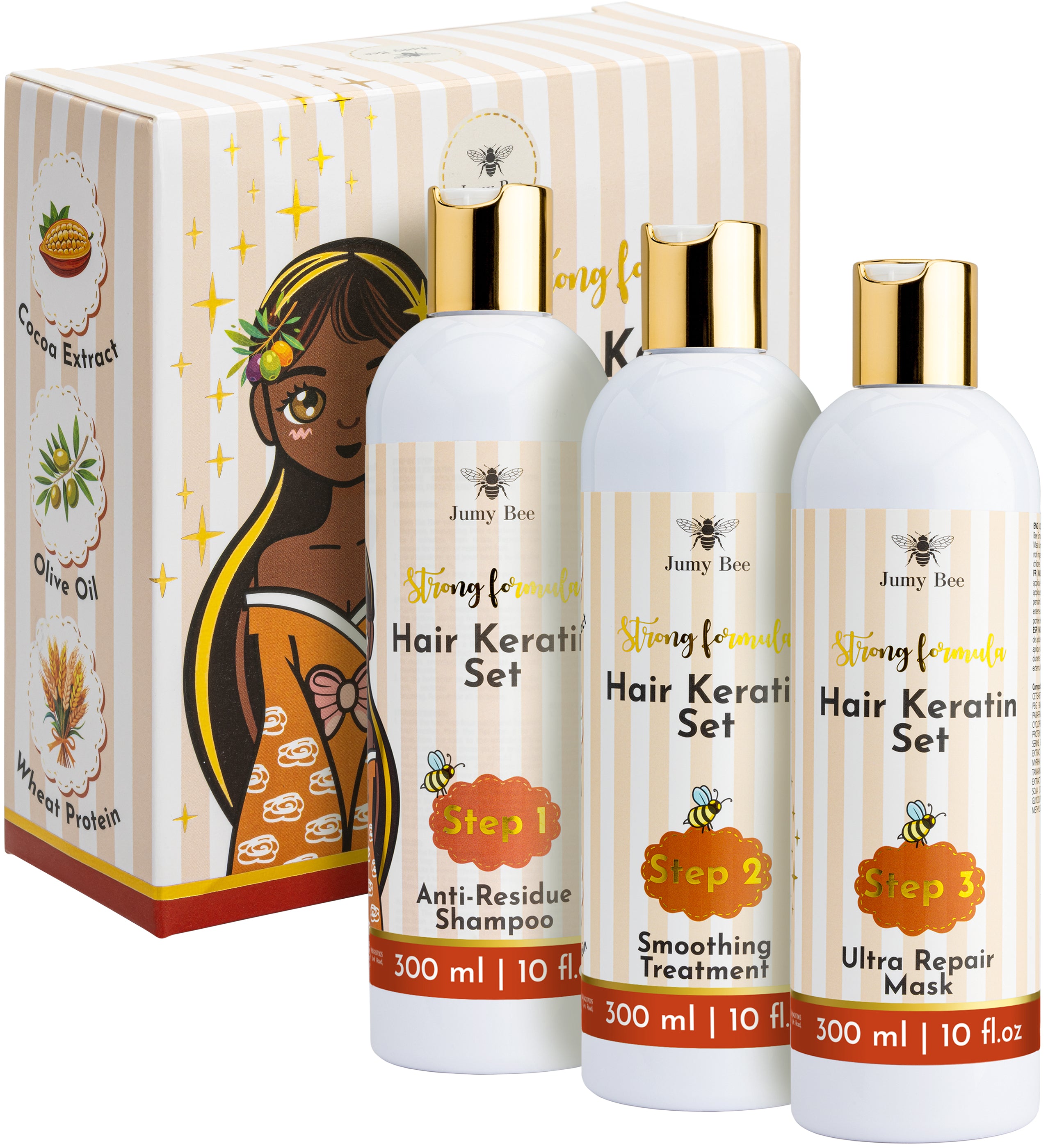 Jumy Bee 3-Schritte Keratin-Haarbehandlung Set – Für grobes und lockiges Haar – 3x8,4 fl oz / 250 mL