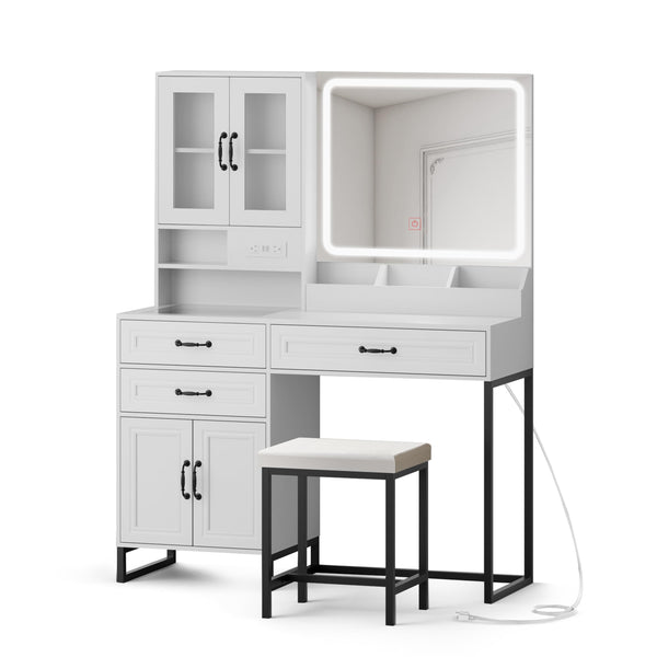 RTA Glass Top Vanity Desk With Power Outlet