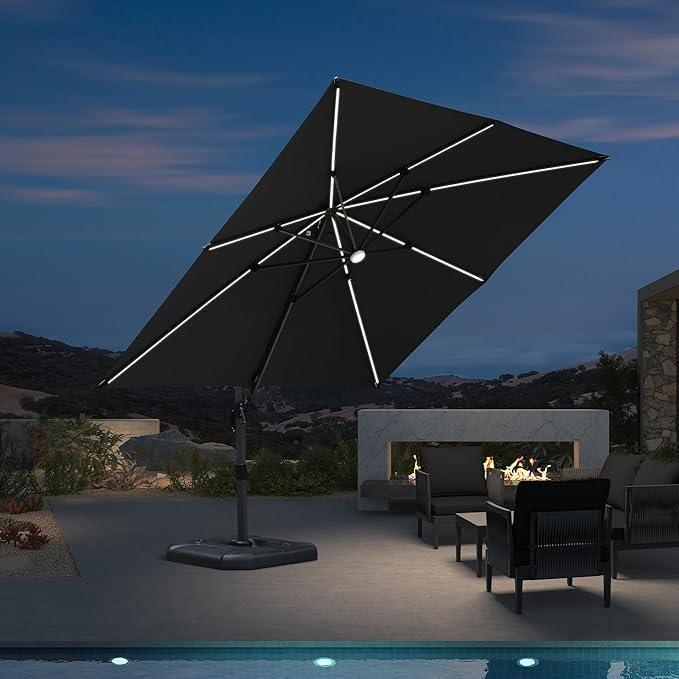 PURPLE LEAF 10ft Cantilever Patio Umbrella mit LED-Lichtern, 360° Schwenk- und Neigefunktion