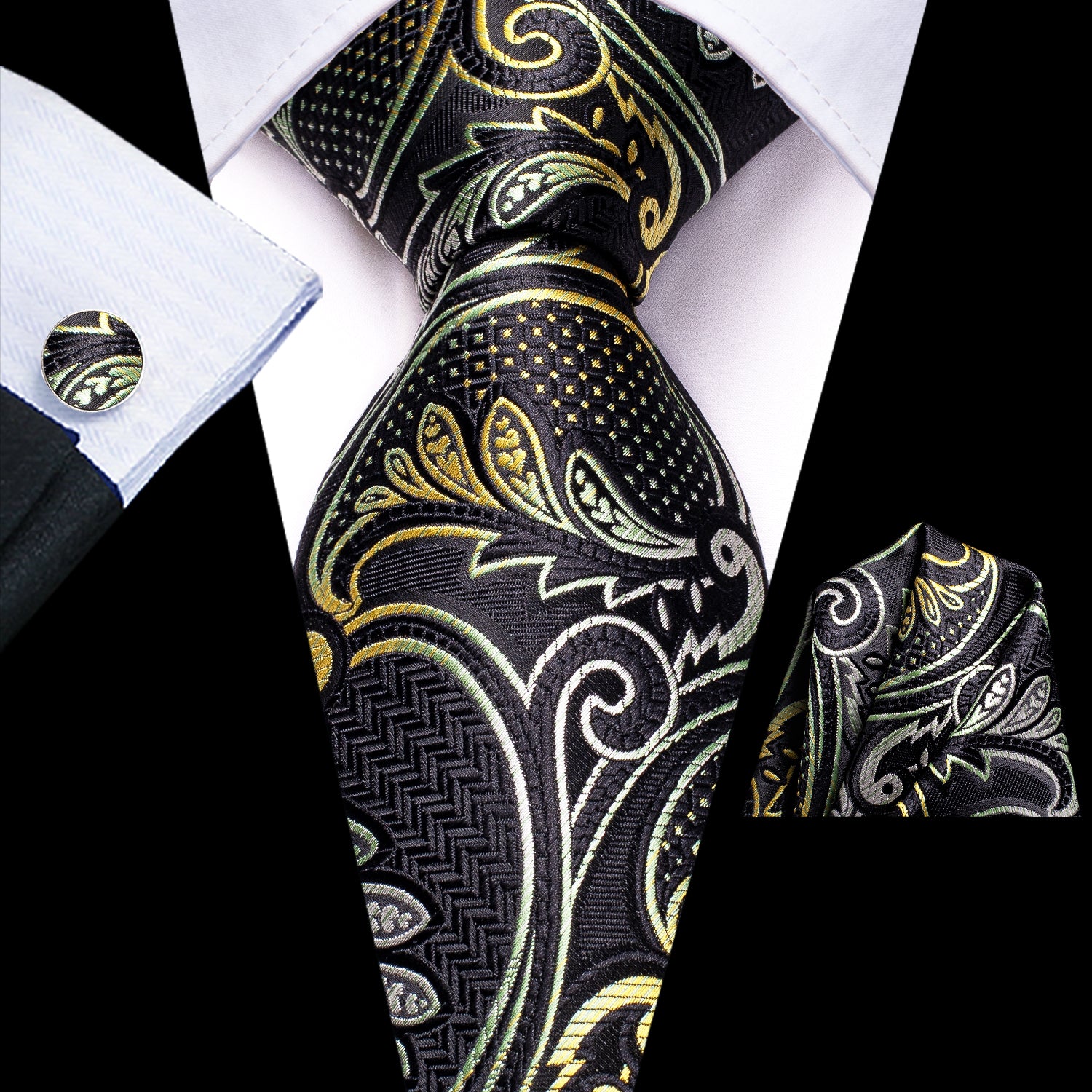 Hi-Tie Schwarzes Grau Gelbes Paisley Krawatte Taschentuch Manschettenknopf Set
