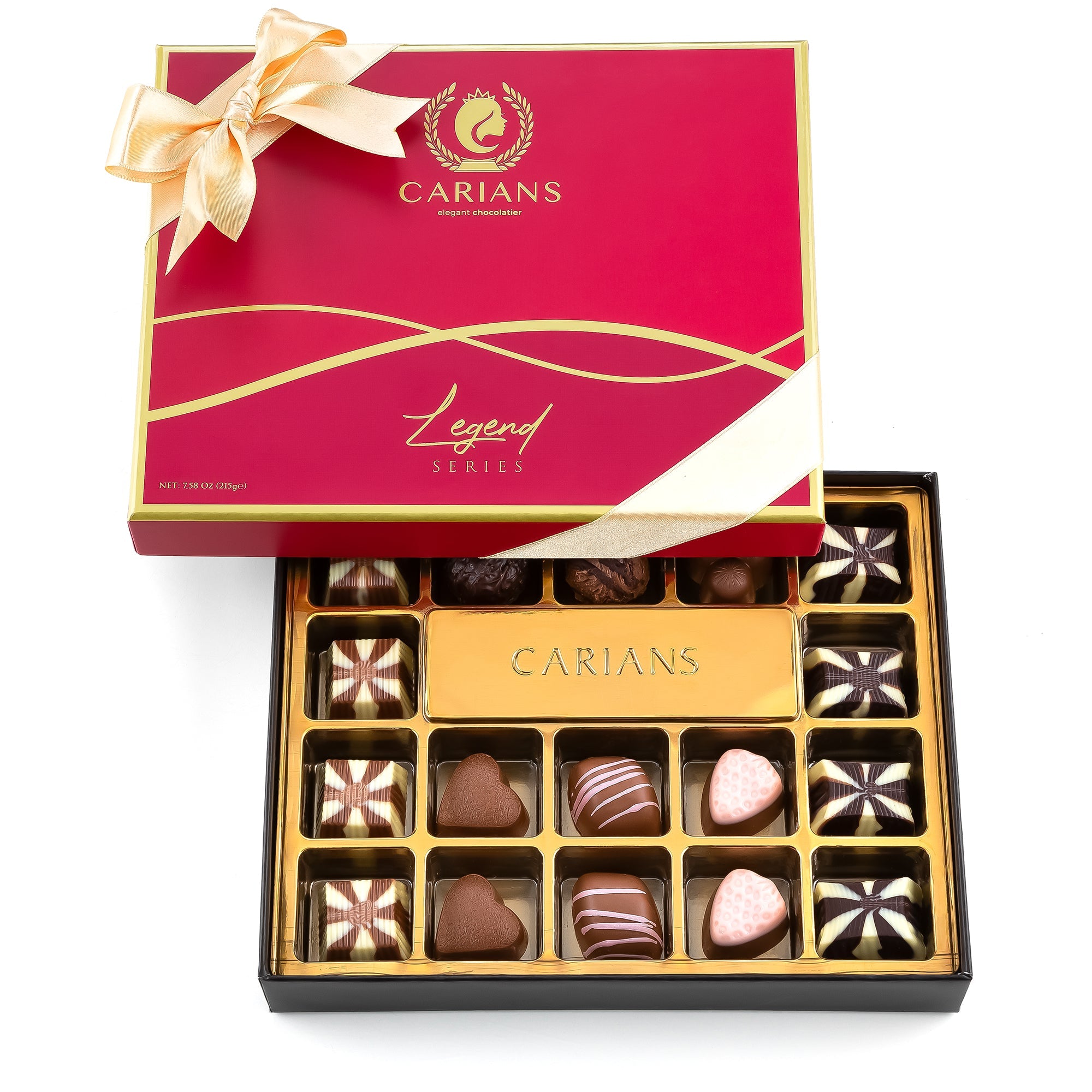 Carians Premium Schokoladen Geschenkbox, Rote Legende, Goldene Schleife