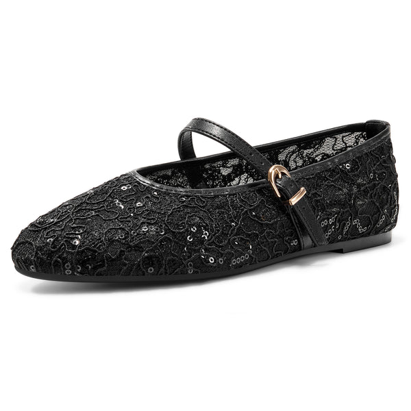 Aachcol Damen Spitzen Pailletten Schnalle Ballettschuhe