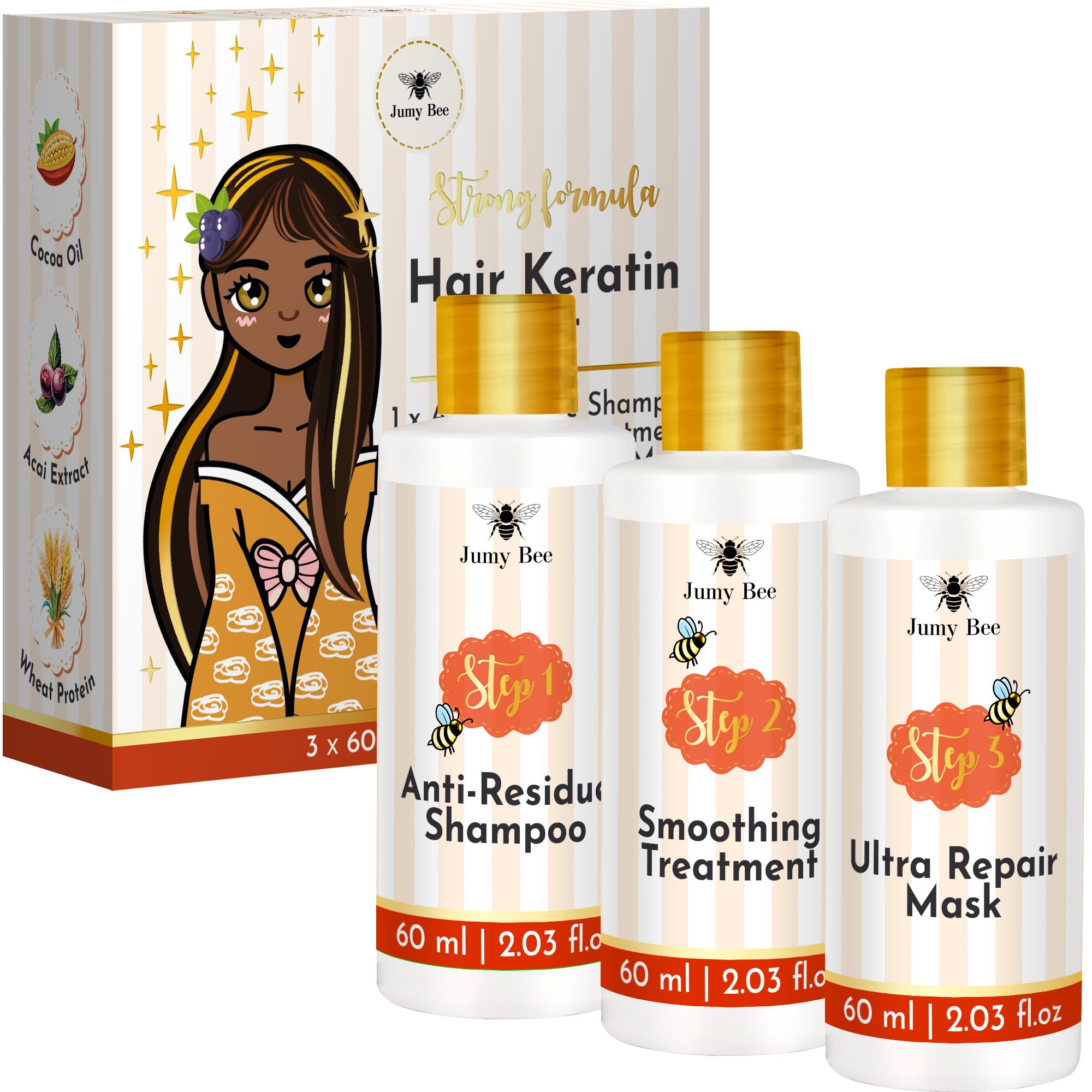 Jumy Bee 3-Schritte-Keratin-Haarbehandlung Set – Für grobes und lockiges Haar (3 × 2,03 oz)