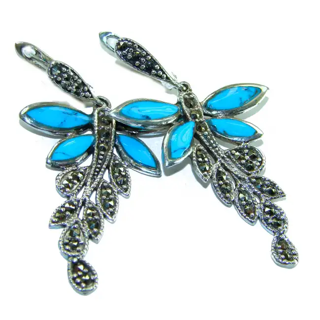 Schmetterlings Ohrringe aus Türkis Marcasit .925 Sterling Silber Handgefertigt