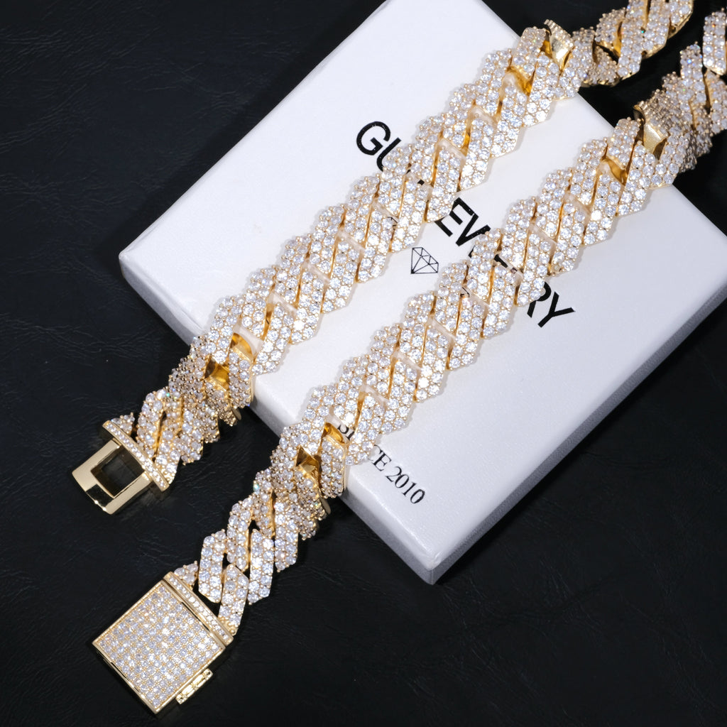 19mm 2-Reihen Iced Prong Cuban Chain In 18K Gold