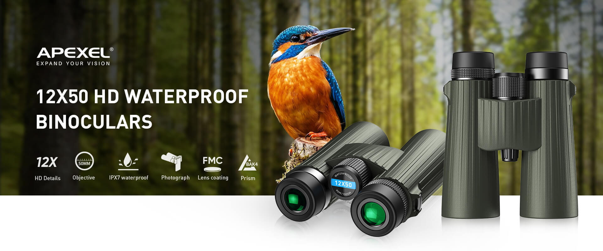 BR001 Hochleistungs 12X50 Vogelbeobachtungsfernglas mit Smartphone-Adapter
