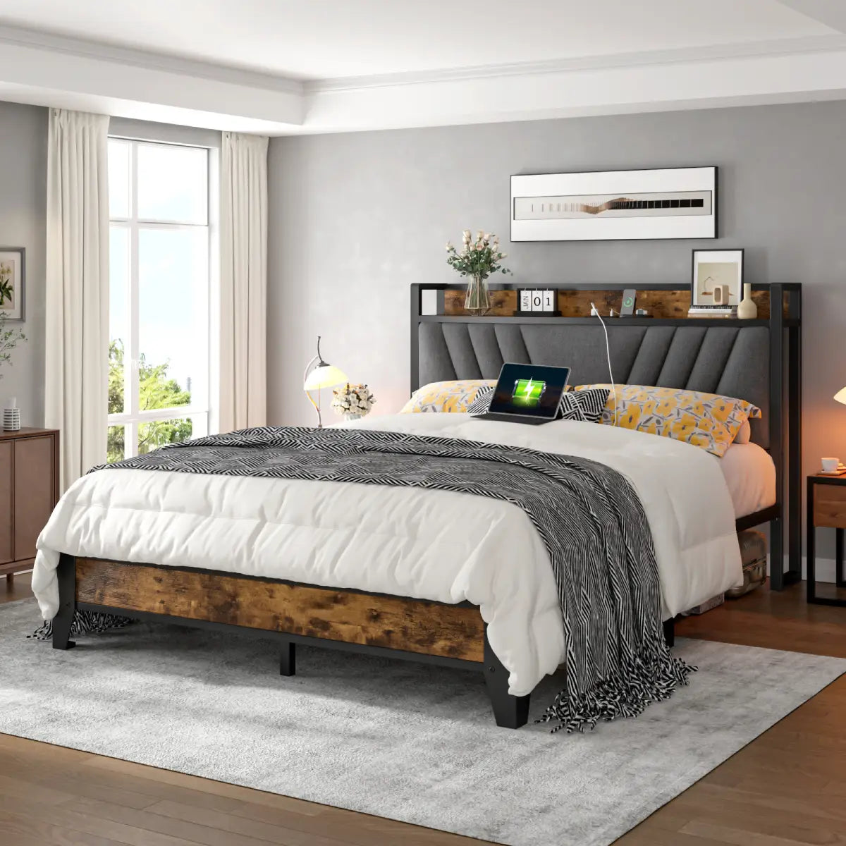 Snhomee Metall Plattform-Bettgestell mit Ladestation, Kein Boxspring erforderlich, Geräuschlos, Einfache Montage