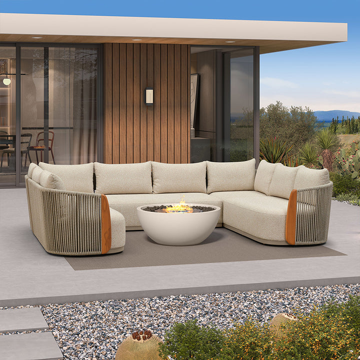 PURPLE LEAF Hailar U-Form Patio Konversationsset mit echtem Teak-Kissen