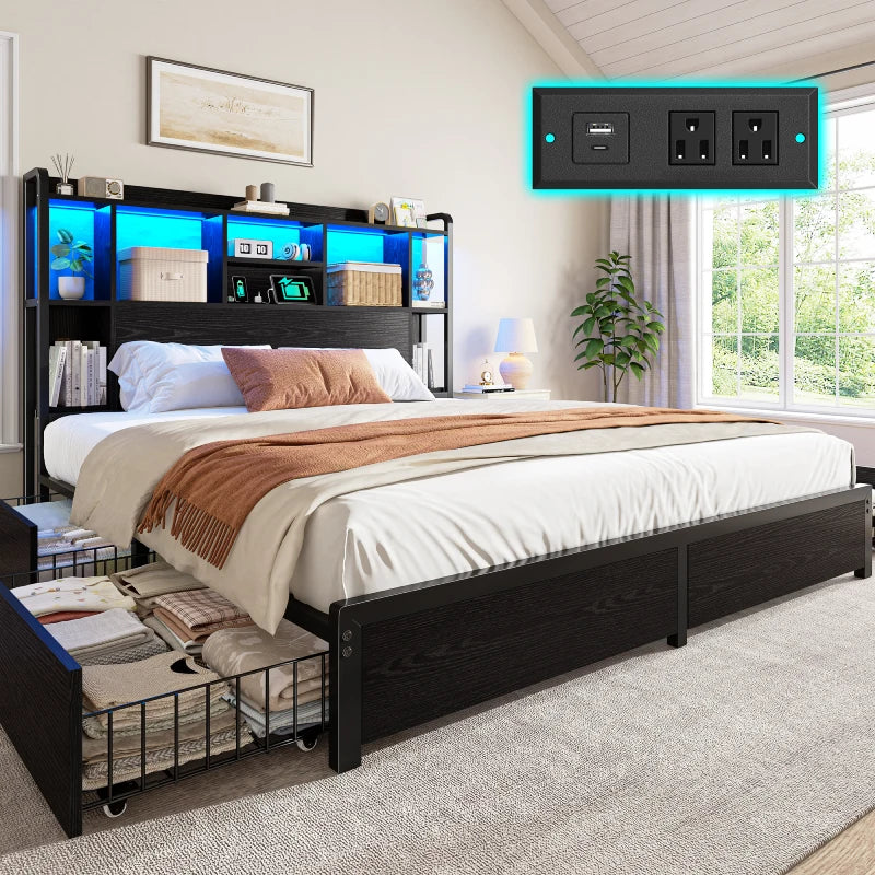 Snhomee 1200lbs Bettgestell mit 4 Stauraumschubladen, Plattformbett mit LED-Kopfteil und USB-Ladestation, Geräuschloses Metallgestell