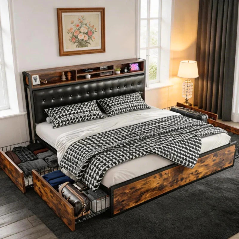 Snhomee 1100 LBS Luxury Upholstered Bed Frame with Headboard & 4 Storage Drawers