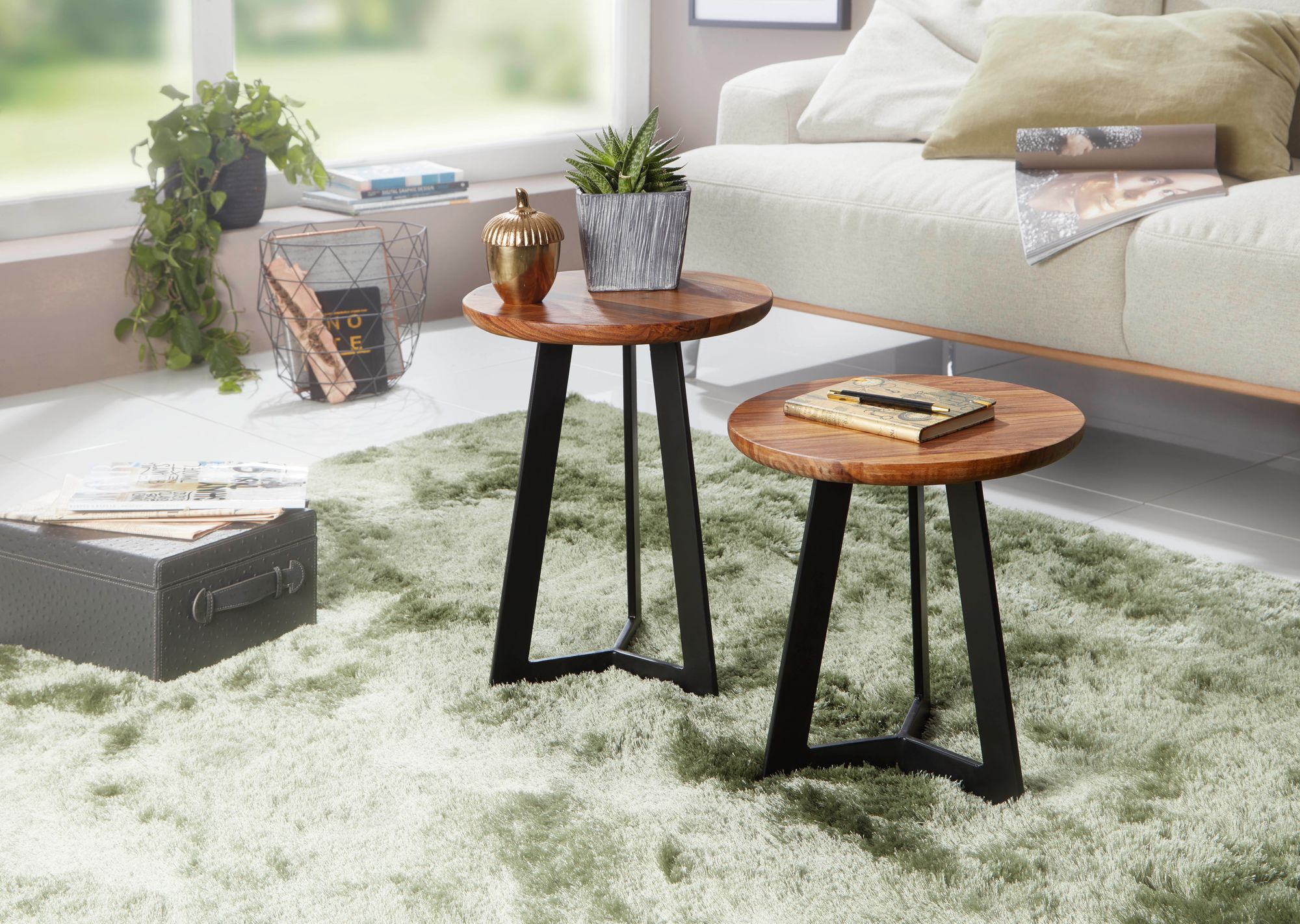 FineBuy Beistelltische 2-teilig Sheesham Metall Holz-Satztisch Industrial Hocker