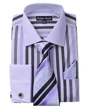 Classic Fit French Cuff Striped Black Shirt With Matching Tie And Hanky