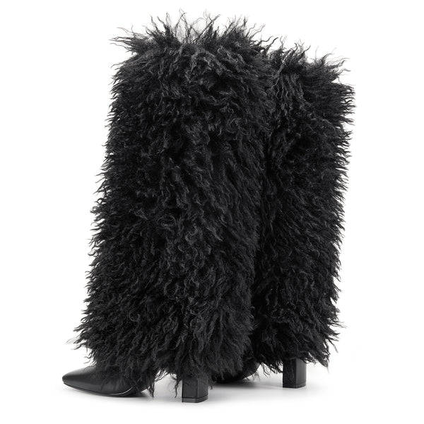 Aachcol Damen Schwarze Flauschige Fur Kniehohe Stiefel | Quadrat Zehen Block Absatz Stiefel