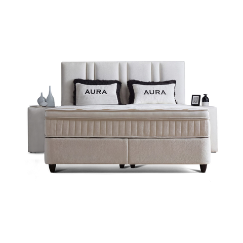 Aura Boxspringbett mit Bettkasten in Weiss Bouclé