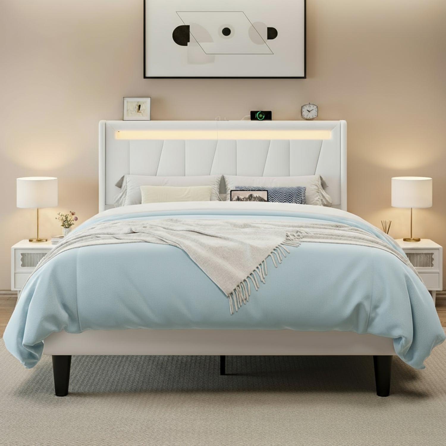 Velours-Polstergestell mit Ladestation und LED-Kopfteil, keine Boxspring erforderlich