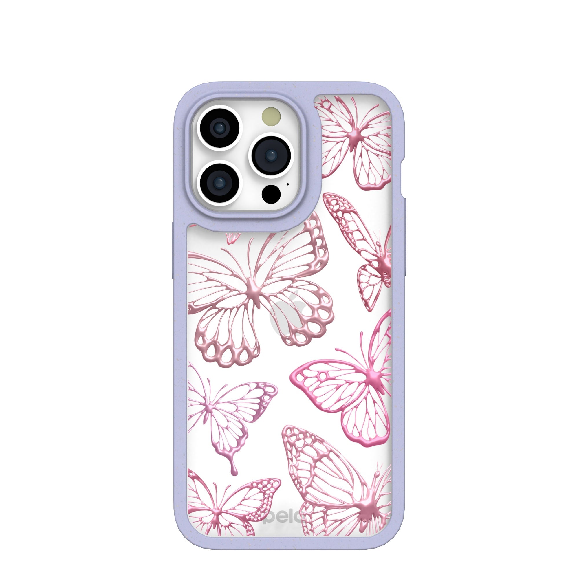 Klarer Schmetterlingseffekt iPhone 15 Pro Max Hülle mit Lavendelrand