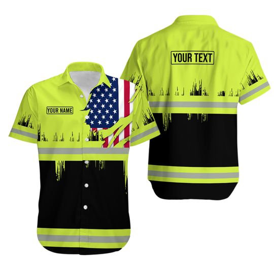 American Flag Heavy Equipment Workwear Light Green - Personalized Hawaiian Shirt