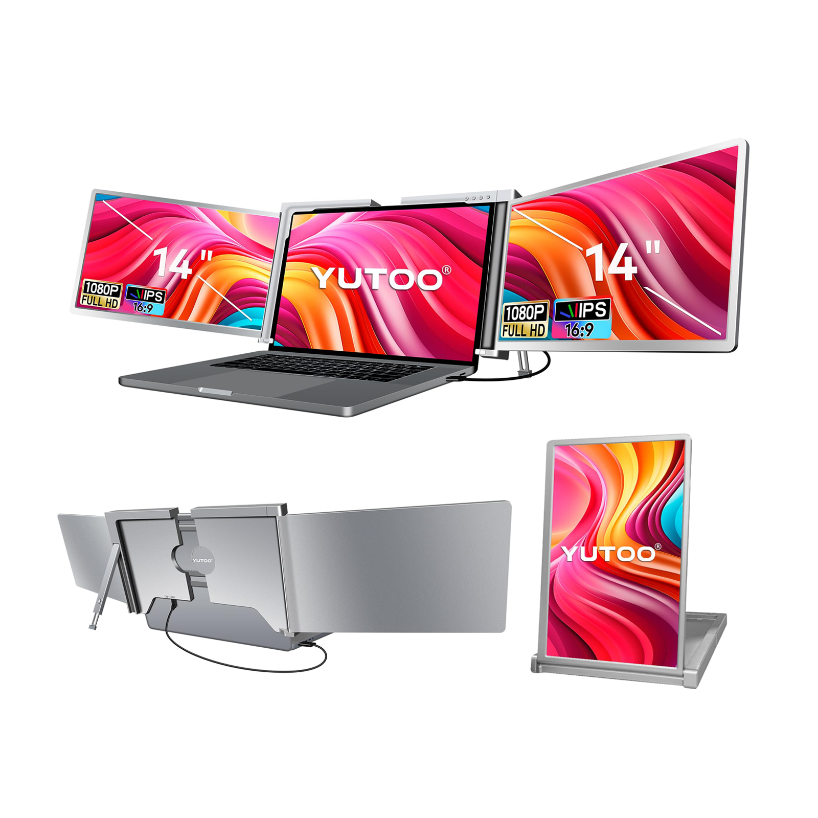 YUTOO 14” Triple Laptop Screen Extender - M1/M2/M3/Windows (One Cable Connection)