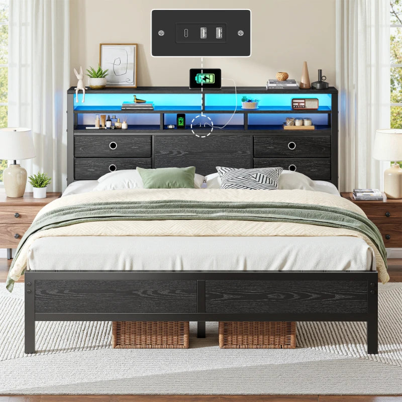 Snhomee Bed Frame with Storage Headboard & 4 Drawers, Metal Platform Bed with LED Lights & USB Charging Station, No Noise, Under Bed Storage, for Apartment & Guest Room