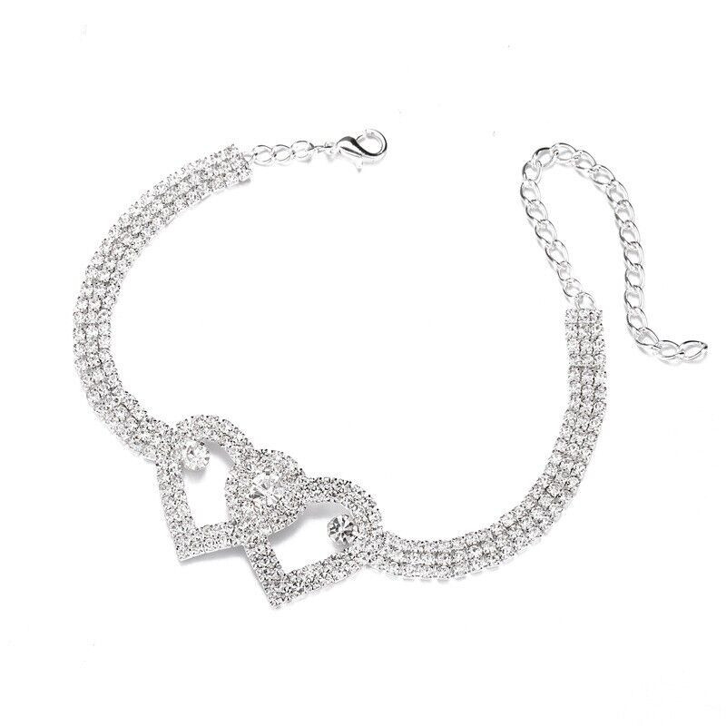 Doppelherz Anhänger Armband Liebe Barfuß Kette Bling Kristall Knöchelarmband