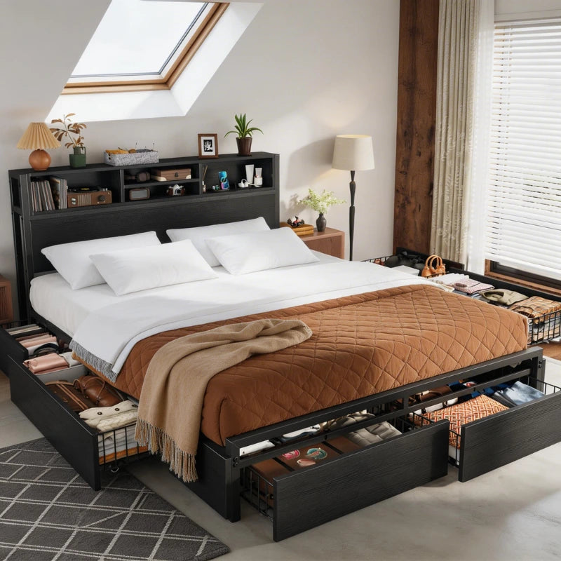Snhomee 6 Drawers Storage Bed Frame, Headboard with USB Charging - 1100LBS Capacity, Noise-Free Platform Bed, Vintage Black