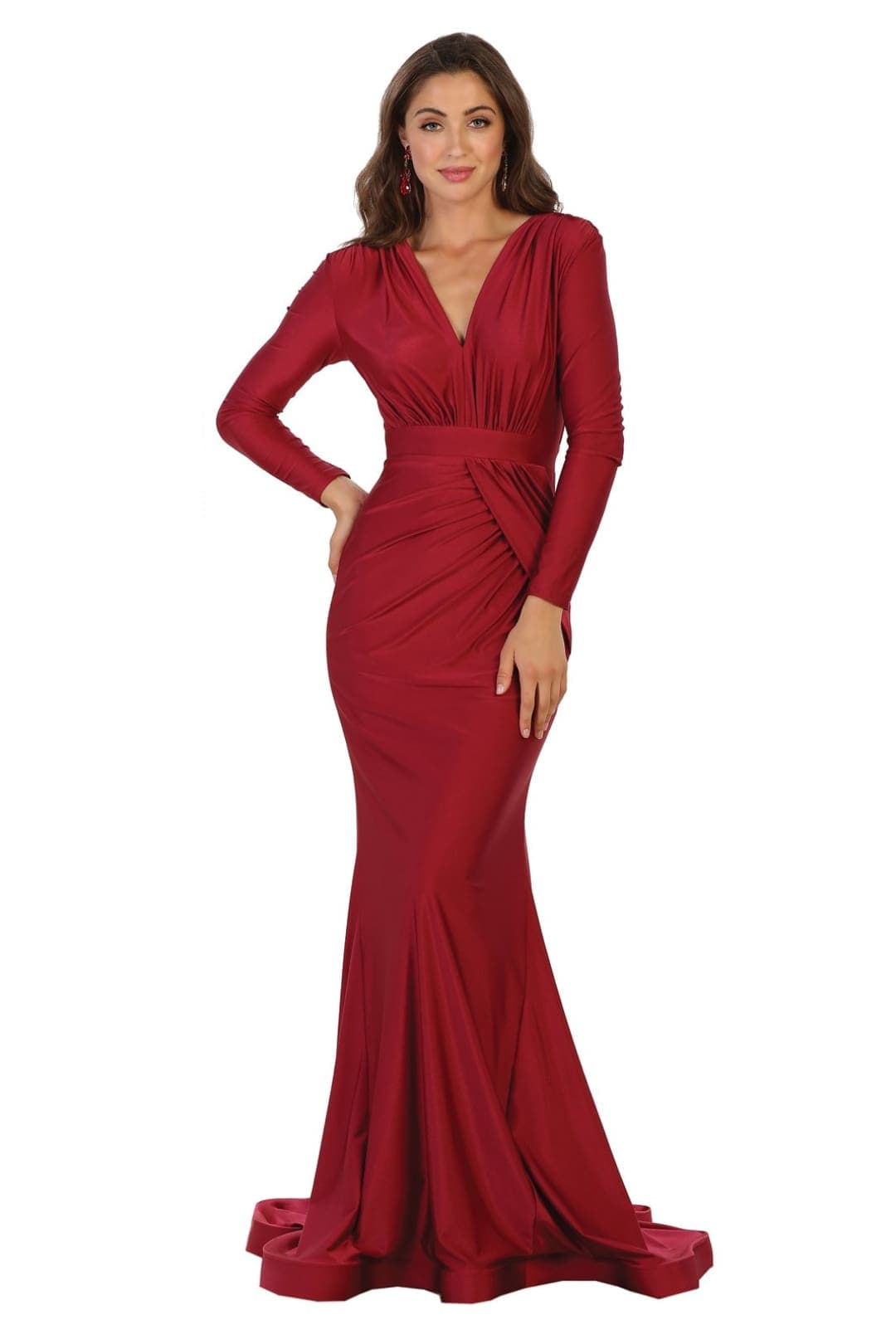 Burgundy V Neck Mermaid Classy Long Sleeve Evening Gown MQ1530