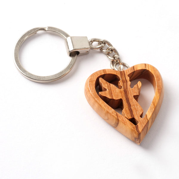 Keychain Guardian Angel in Heart made of Olive Wood