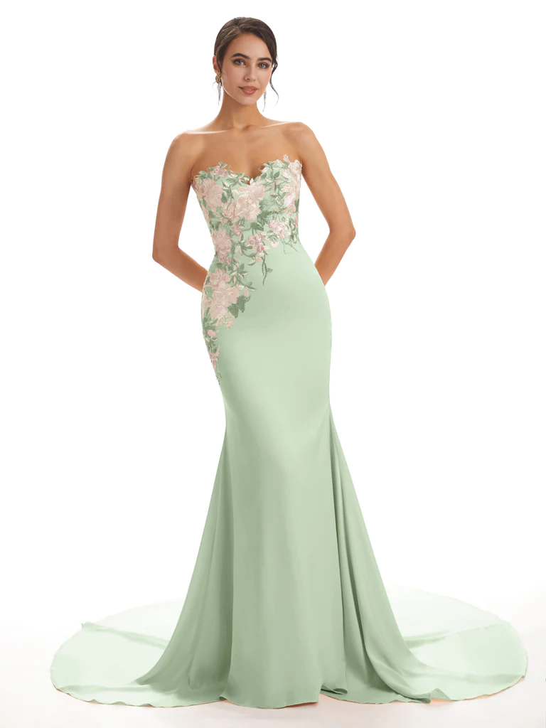 Cute Sweetheart Soft Satin Floral Lace Mermaid Long Bridesmaid Dresses