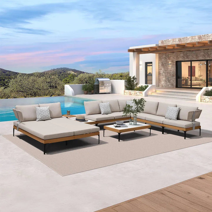PURPLE LEAF Sicilia L-förmiges modulares Outdoor-Sofa mit Oatmeal Greige Kissen