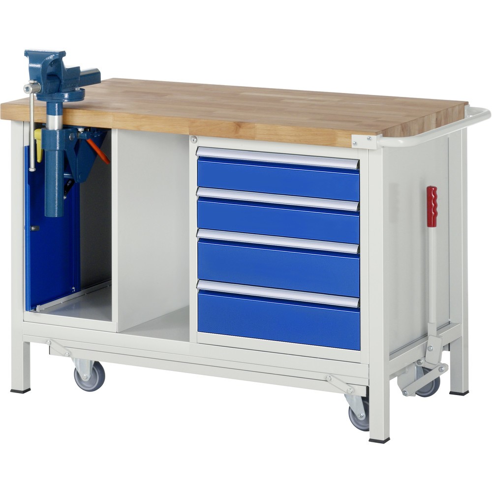 RAU Werkbank Serie 8000 mit absenkbarem Fahrgestell, 2 Container, 1 Ablageboden, Höhe 880 mm