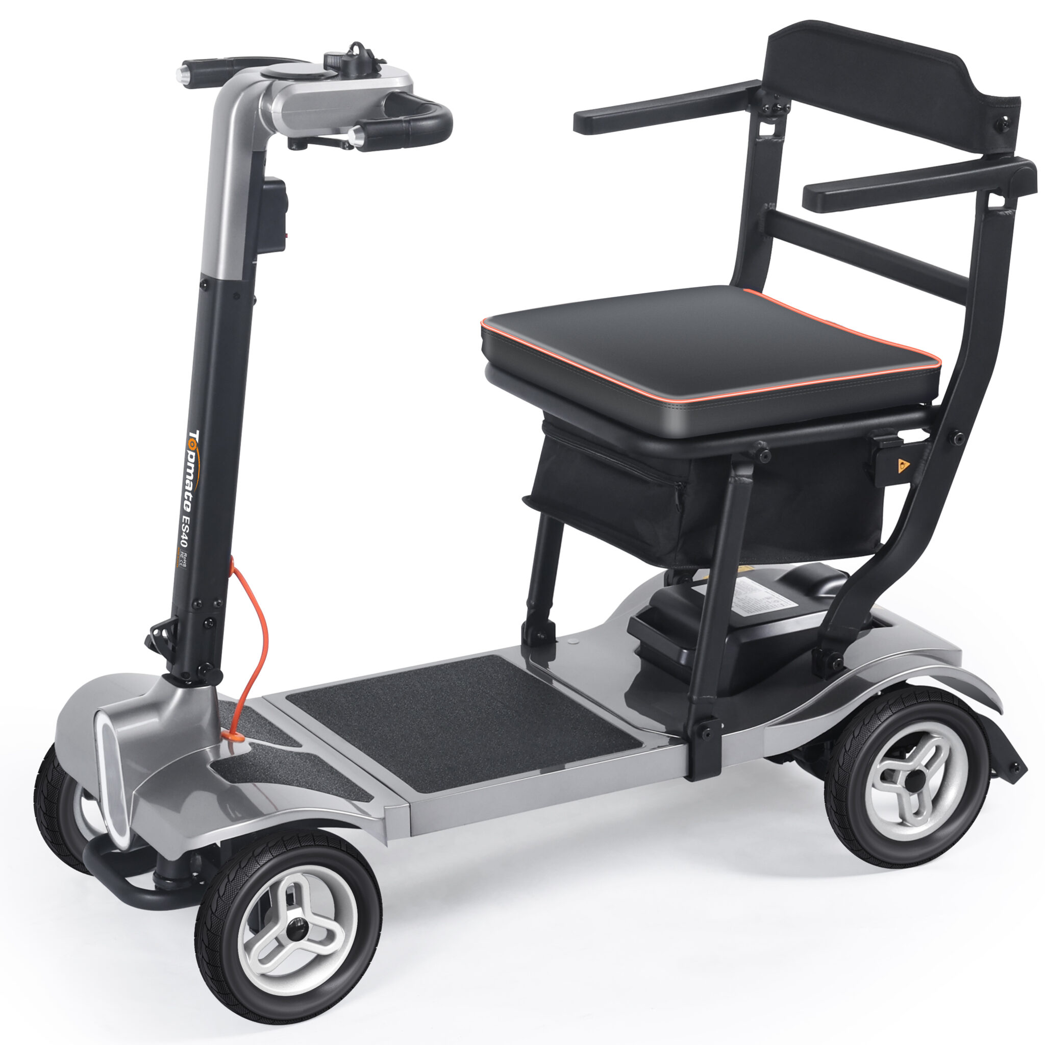 TopMate ES40 Mobilitätsroller für Erwachsene, leicht, zusammenklappbar, von Fluggesellschaften genehmigt, faltbarer elektrisch betriebener Roller für Senioren mit abnehmbarem Akku, LED-Scheinwerfern und Tragetasche – Silber Schwarz