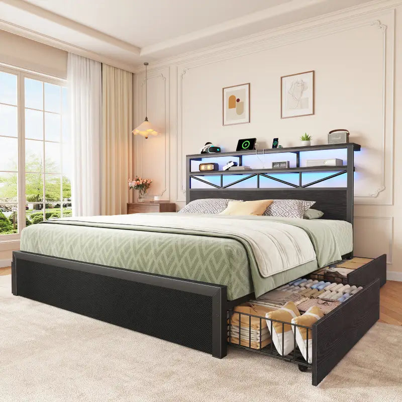 Snhomee Bed Frame with 4-Tier Storage Headboard, Fast Charging Station & Smart LED Light, 880 lbs Heavy Duty Support, Easy Assembly