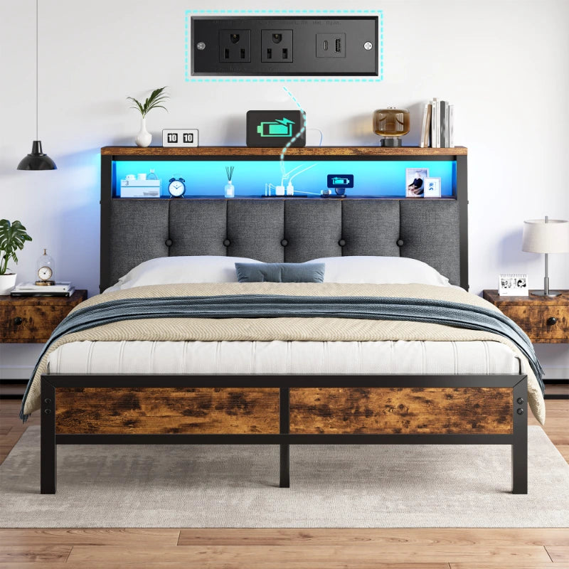 Snhomee Bettgestell mit 2-stufigem Stauraum-Headboard & 12" Unter-Bett Stauraum, Ladegerät & LED-Lichter, geräuschloses Design, kein Boxspring erforderlich