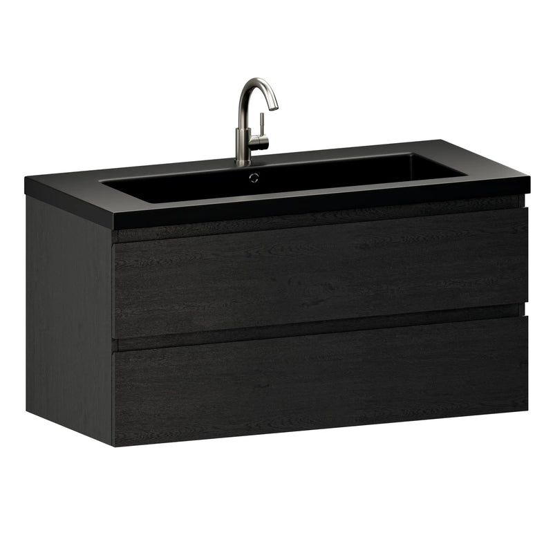 Badezimmermöbel Sena – 100 cm – Schwarzeiche – Schwarzes Waschbecken