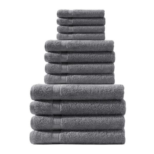 Handtuchset 12-teilig – 4 Gäste-, 4 Hand- & 4 Duschtücher – 100% Baumwolle, Anthrazit, 500g/m² – Kuschelweich, Saugstark, schnell trocknend, elegant