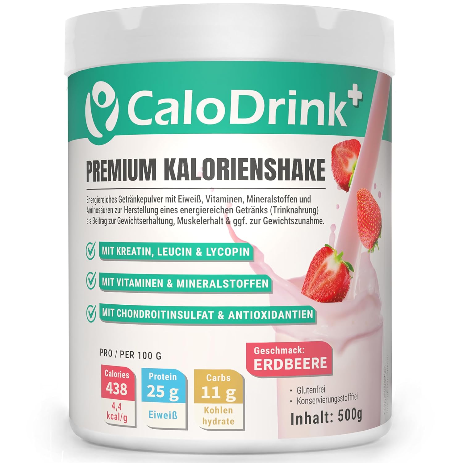 CaloDrink+ Trinknahrung hochkalorisch zur Gewichtszunahme | Weight Gainer Shake 4,4 kcal/g zum Zunehmen | Protein, Kreatin & Vitamine | Aufbaukost Pulver Erdbeere 500g | Made in D| Glutenfrei