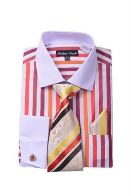 Red Men's White Collar Two Toned Contrast Unique Stripe Fashion Shirt Tie