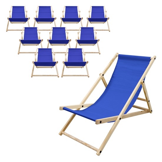 Set of 10 Folding Deck Chairs, Dark Blue Wood