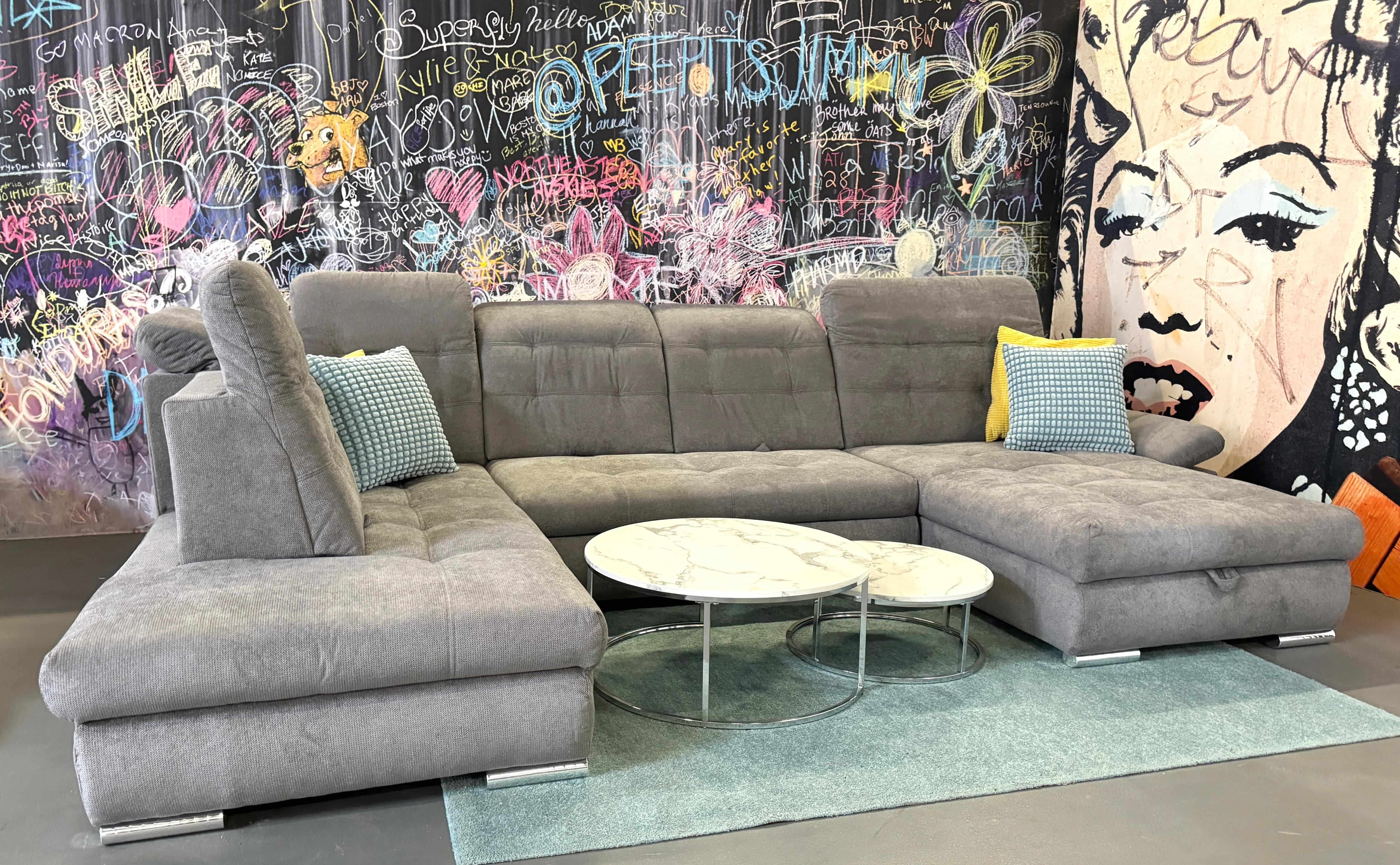 Wohnlandschaft Razor – XXL Sofa mit Schlaffunktion, Bettkasten & verstellbaren Kopflehnen, Grau