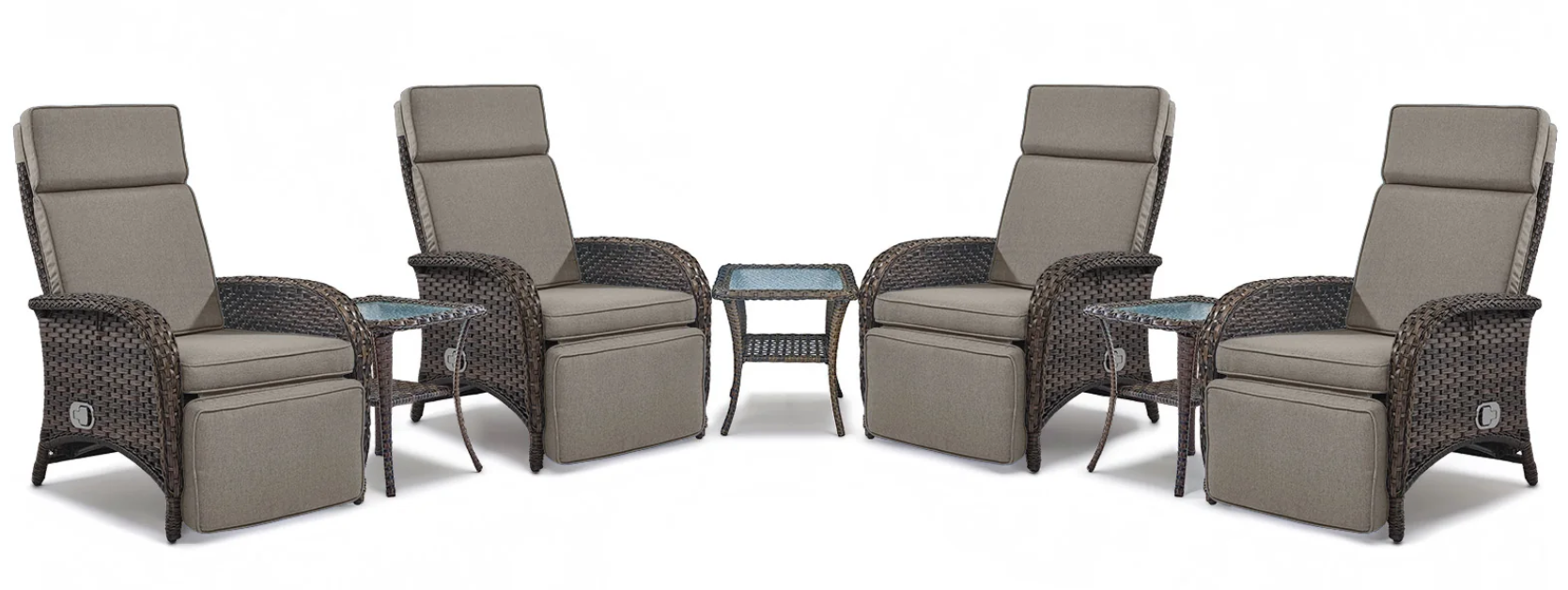 Premium 7-teiliges Patio-Gesprächsset - 4 verstellbare Liegen & 3 Beistelltische mit 155° Lay Flat Chaise, NDS-Serie