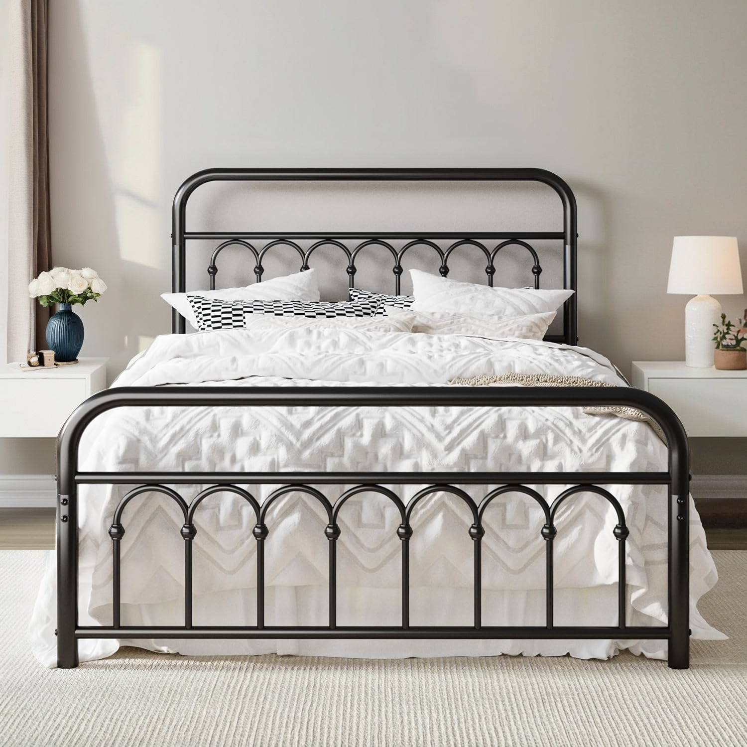 14" Viktorianisches Metall Plattformbettgestell mit geschwungenem Eisen-Headboard & Fußbrett, Stauraum unter dem Bett, keine Boxspring erforderlich