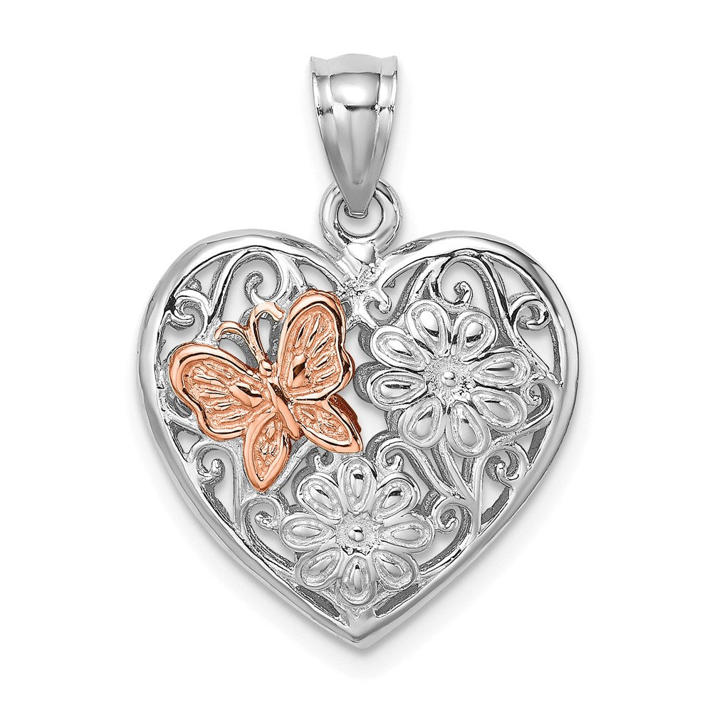 14k Weiß/Roségold 3-D Herz mit Schmetterlings reversiblem Anhänger